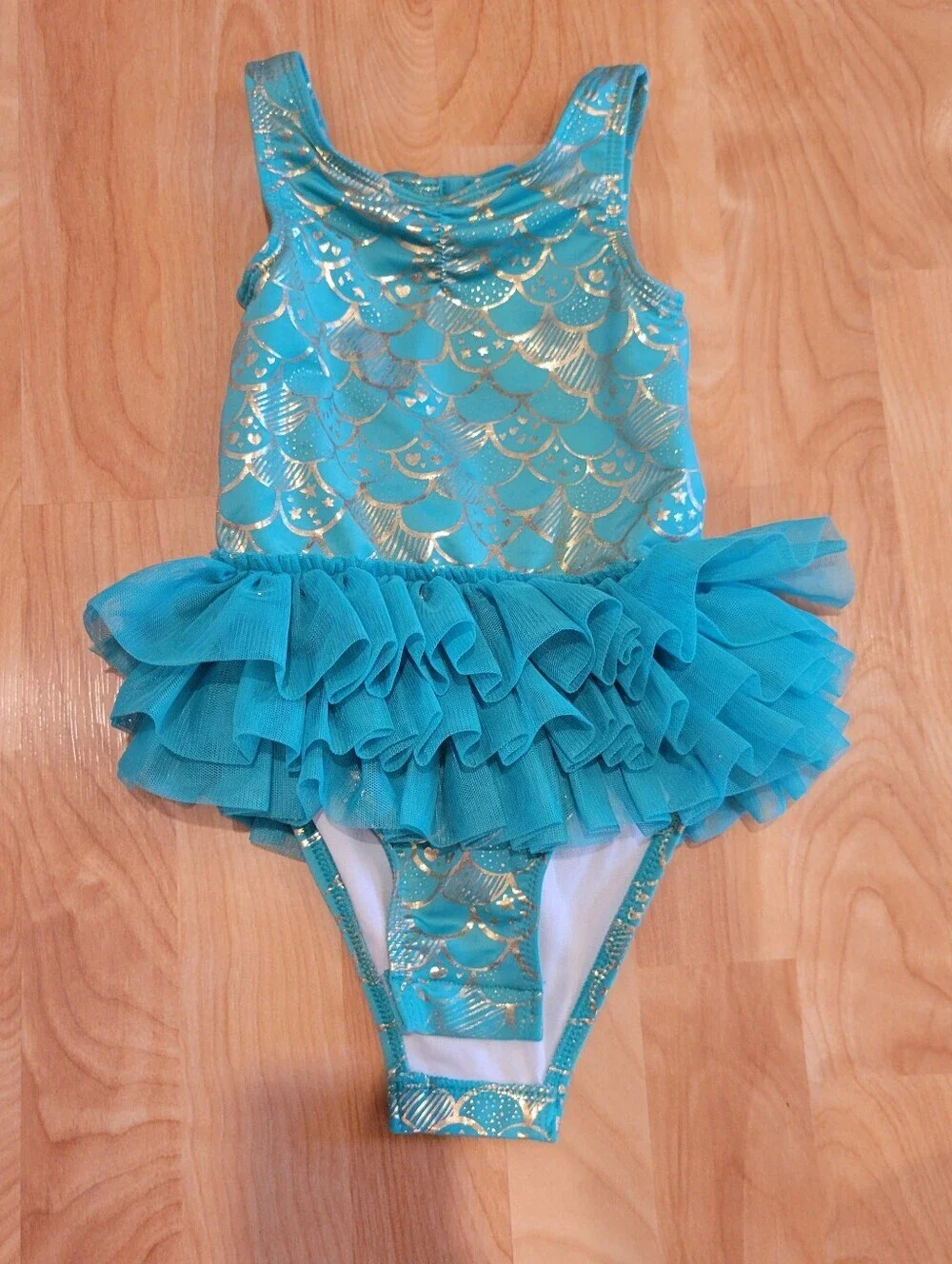 Cat & Jack Mermaid Tutu Swimsuit Teal with Gold Scales Size 3T